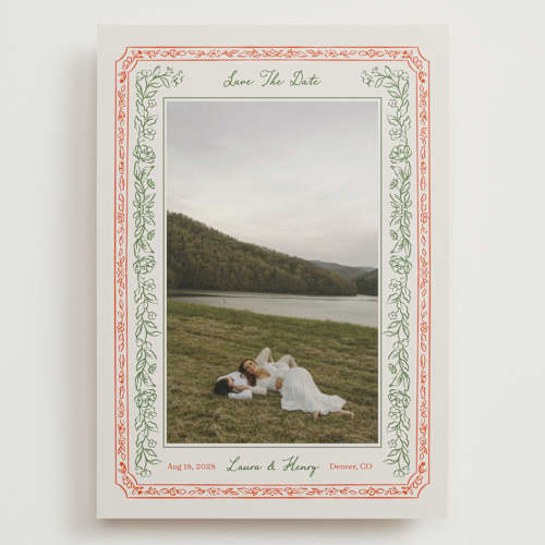 This is a vintage save the date with standard by Elly called romantic floral printing on recycled smooth signature in grand