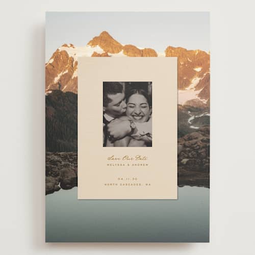 This is a sand save the date with standard by Claudia Orengo called location printing on recycled smooth signature in grand