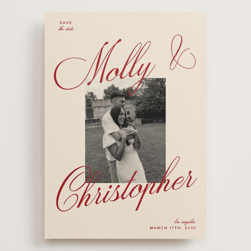 This is a burgundy save the date with standard by Ellen Schlegelmilch called vintage cinema printing on recycled smooth signature in grand