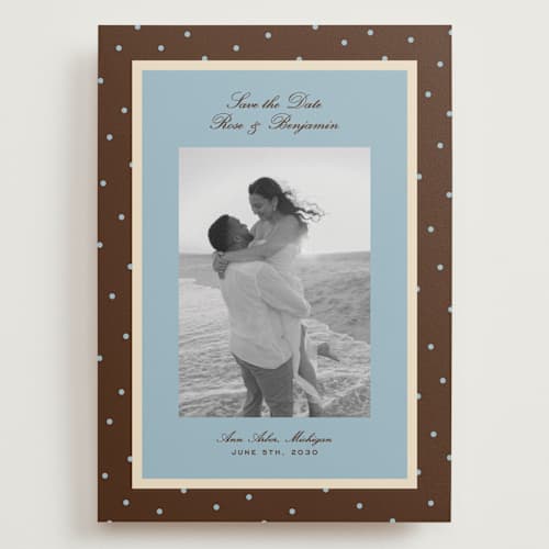 This is a coffee save the date with standard by Ellen Schlegelmilch called festive polka printing on recycled smooth signature in grand