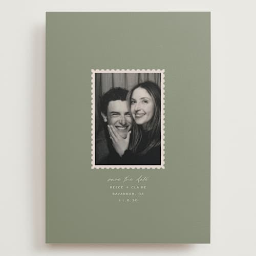 This is a sage save the date with standard by Sierra Lee called post printing on recycled smooth signature in grand