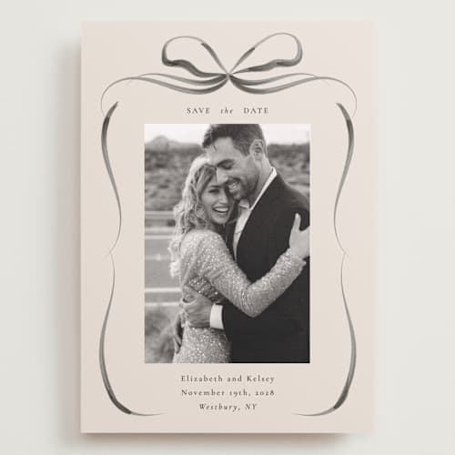 This is a tuxedo save the date with standard by Corinne Malesic called bow printing on recycled smooth signature in grand