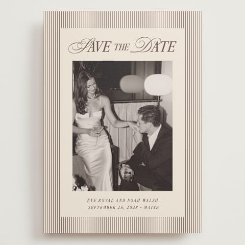 This is a maroon save the date with standard by Pati Cascino called sienna printing on recycled smooth signature in grand