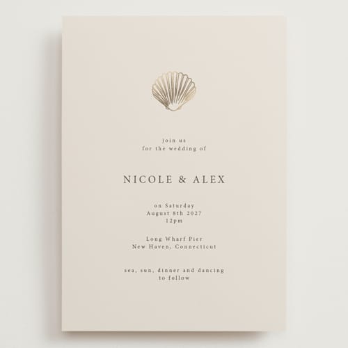 This is a sand wedding invitations with foil pressed by Hannah Bowman called simple seashell printing on signature in grand