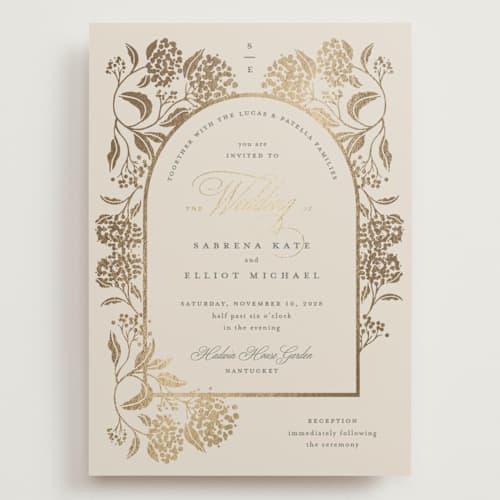 This is a tea time wedding invitations with foil pressed by Susan Zinader called shimmering hydrangeas printing on signature in grand