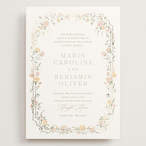This is a golden summer wedding invitations with foil pressed by Erin L. Wilson called victorian trellis printing on signature in grand