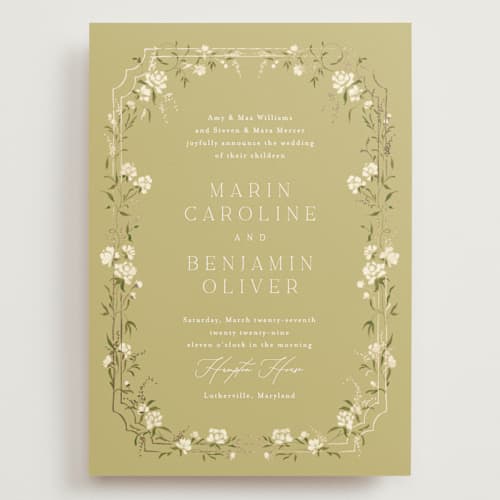 This is a chartreuse wedding invitations with foil pressed by Erin L. Wilson called victorian trellis printing on signature in grand