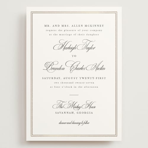 This is a snow wedding invitations with foil pressed by Sarah Brown called traditionalist printing on signature in grand