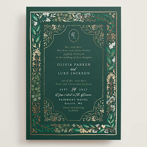 This is a evergreen wedding invitations with foil pressed by Alethea and Ruth called illuminated storybook printing on signature in grand
