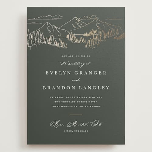 This is a hunter wedding invitations with foil pressed by Sarah Brown called peaks printing on signature in grand