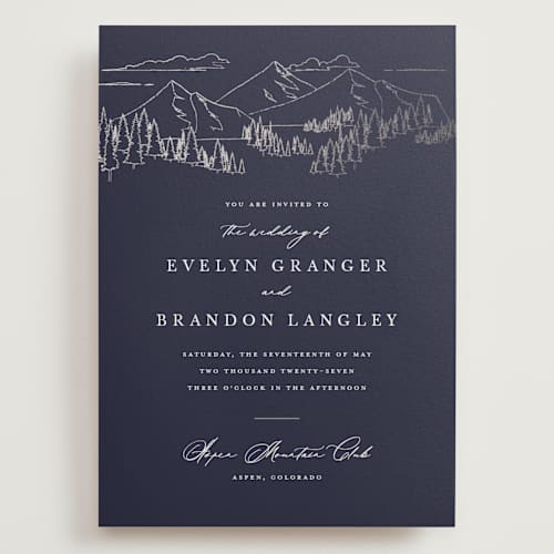 This is a navy wedding invitations with foil pressed by Sarah Brown called peaks printing on signature in grand