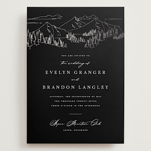 This is a onyx wedding invitations with foil pressed by Sarah Brown called peaks printing on signature in grand