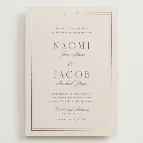 This is a champagne wedding invitations with foil pressed by Nicole Walsh called grace printing on signature in grand