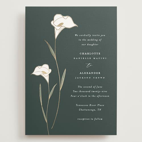 This is a forest wedding invitations with foil pressed by Stacey Meacham called elegant lillies printing on signature in grand