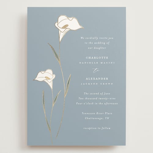 This is a dusty blue wedding invitations with foil pressed by Stacey Meacham called elegant lillies printing on signature in grand