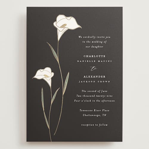 This is a ink wedding invitations with foil pressed by Stacey Meacham called elegant lillies printing on signature in grand