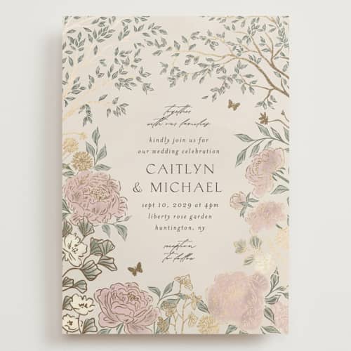 This is a blush meadow wedding invitations with foil pressed by Grae called dancing in the garden printing on signature in grand