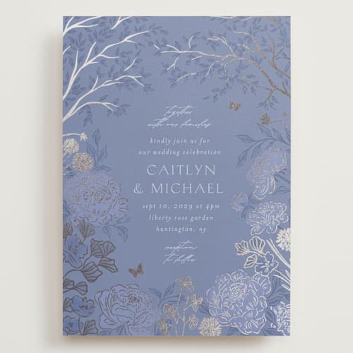 This is a evening periwinkle wedding invitations with foil pressed by Grae called dancing in the garden printing on signature in grand
