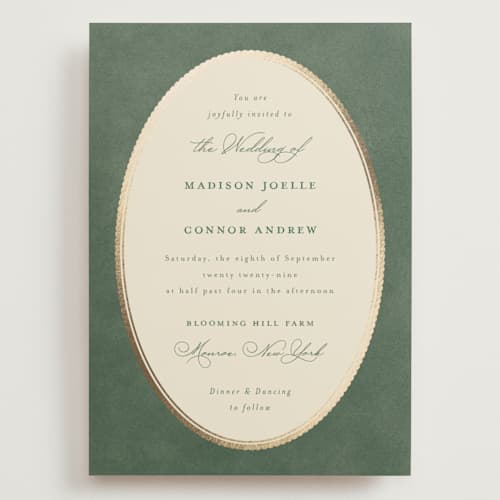 This is a rosemary wedding invitations with foil pressed by Emily Betts called vintage oval printing on signature in grand