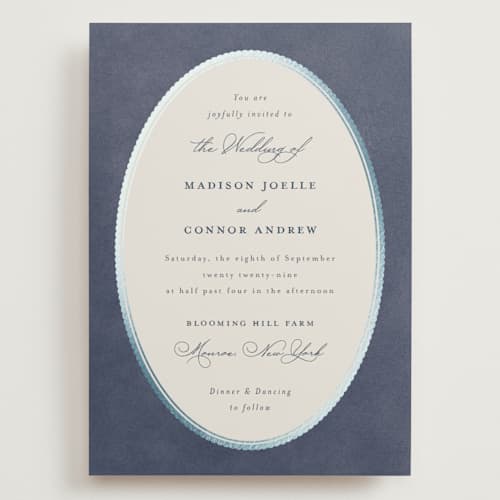 This is a navy wedding invitations with foil pressed by Emily Betts called vintage oval printing on signature in grand