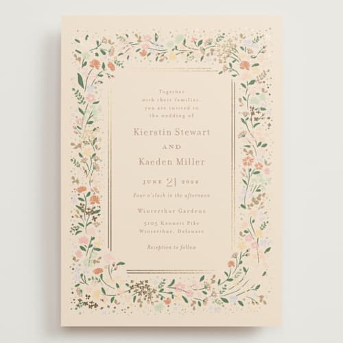 This is a ivory wedding invitations with foil pressed by Jennifer Wick called esther's garden printing on signature in grand