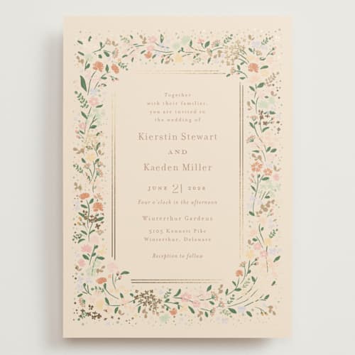 This is a ivory wedding invitations with foil pressed by Jennifer Wick called esther's garden printing on signature in grand