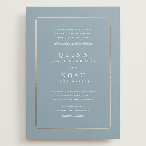 This is a dusty blue wedding invitations with foil pressed by Stacey Meacham called elegant bevel printing on signature in grand