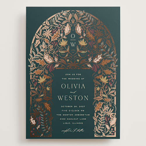 This is a deep sea wedding invitations with foil pressed by Erin German called autumnal arch printing on signature in grand