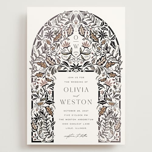 This is a charcoal wedding invitations with foil pressed by Erin German called autumnal arch printing on signature in grand