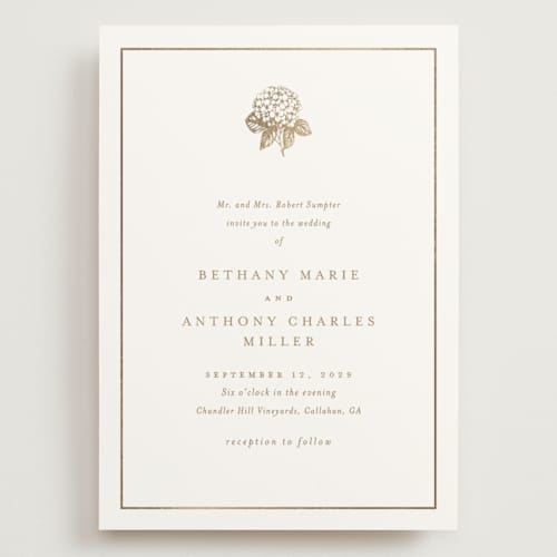 This is a cotton wedding invitations with foil pressed by Stacey Meacham called hydrangea bloom printing on signature in grand