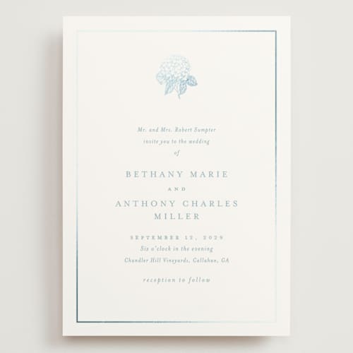 This is a seaside wedding invitations with foil pressed by Stacey Meacham called hydrangea bloom printing on signature in grand