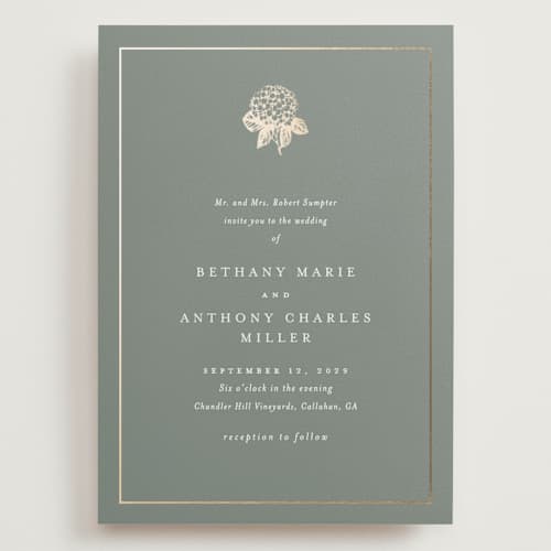 This is a rosemary wedding invitations with foil pressed by Stacey Meacham called hydrangea bloom printing on signature in grand