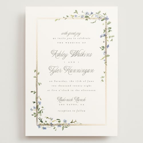 This is a bluebell wedding invitations with foil pressed by Everett Paper Goods called flowering vine printing on signature in grand
