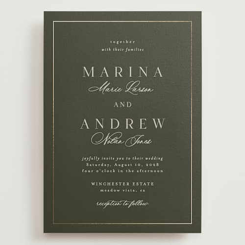 This is a deep olive wedding invitations with foil pressed by Nicole Walsh called refined printing on signature in grand