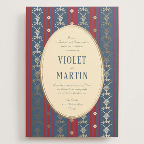 This is a navy wedding invitations with foil pressed by Baumbirdy called woven printing on signature in grand