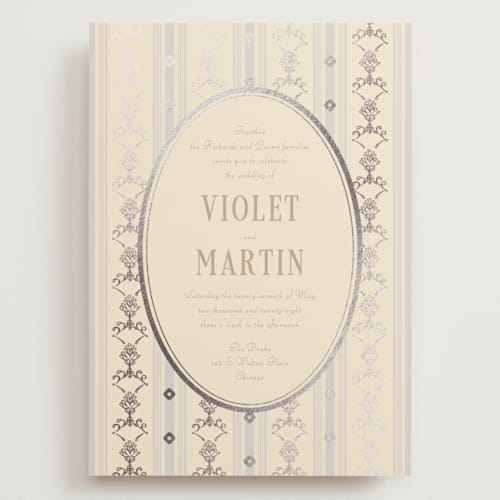 This is a champagne wedding invitations with foil pressed by Baumbirdy called woven printing on signature in grand