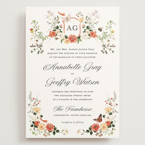 This is a verona sunset wedding invitations with foil pressed by Sarah Knight called fleur printing on signature in grand