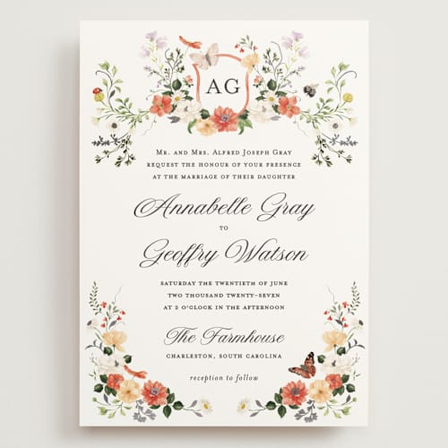 This is a verona sunset wedding invitations with foil pressed by Sarah Knight called fleur printing on signature in grand