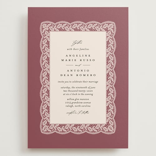 This is a mauve wedding invitations with standard by Erica Krystek called chantilly printing on signature in grand
