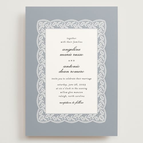 This is a dusty blue wedding invitations with standard by Erica Krystek called chantilly printing on signature in grand
