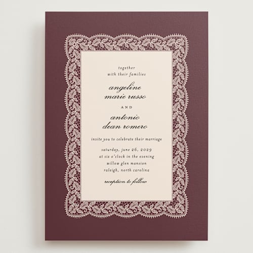 This is a burgundy wedding invitations with standard by Erica Krystek called chantilly printing on signature in grand