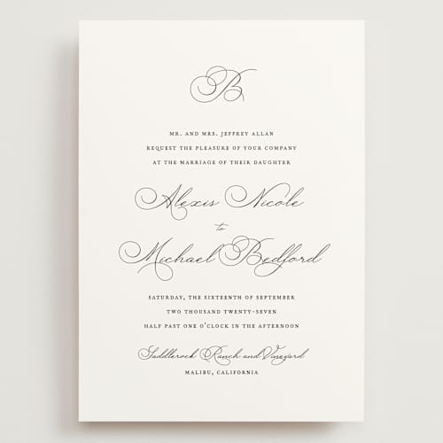 This is a pearl wedding invitations with standard by Jennifer Postorino called initial printing on signature in grand