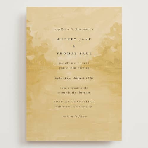 This is a sunrise wedding invitations with standard by Lindsay Megahed called silhouette printing on signature in grand