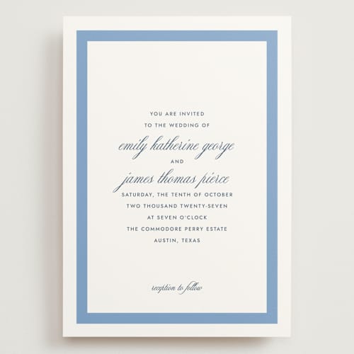 This is a blue bell wedding invitations with standard by Megan Davis called montauk printing on signature in grand