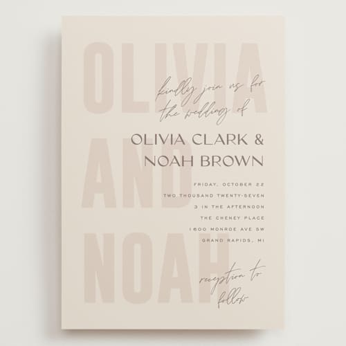This is a blush wedding invitations with standard by Pixel and Hank called salted printing on signature in grand