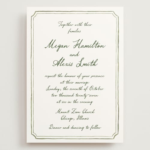 This is a moss wedding invitations with standard by Cass Loh called handwritten printing on signature in grand