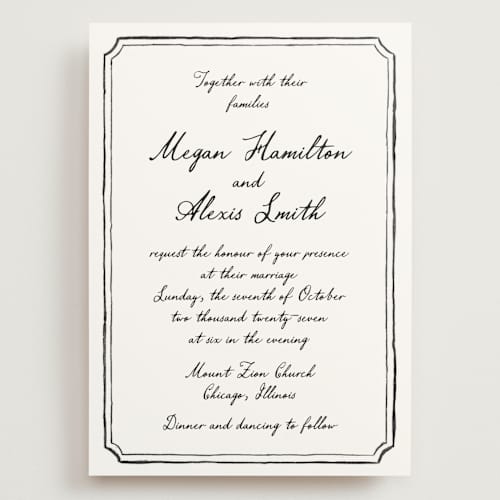 This is a coal wedding invitations with standard by Cass Loh called handwritten printing on signature in grand