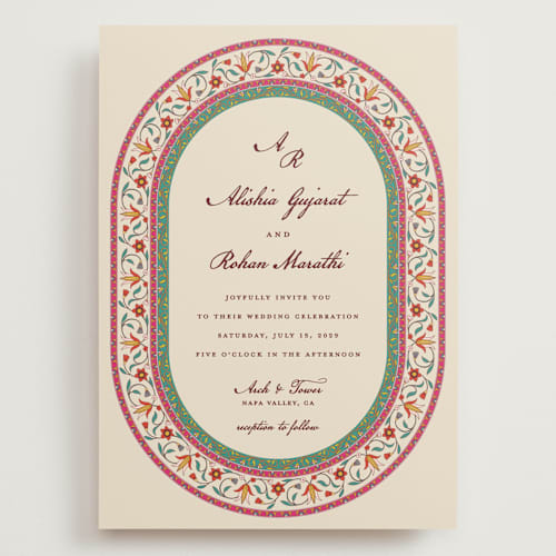 This is a ivory wedding invitations with standard by Sherley Ferreira called mughal gardens printing on signature in grand