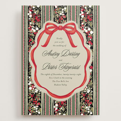 This is a ruby wedding invitations with standard by Jackie Crawford called holiday ribbon printing on signature in grand