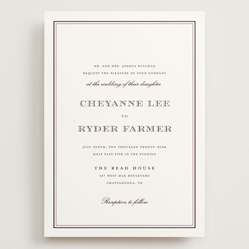 This is a burgundy wedding invitations with standard by Stacey Meacham called engraved names printing on signature in grand